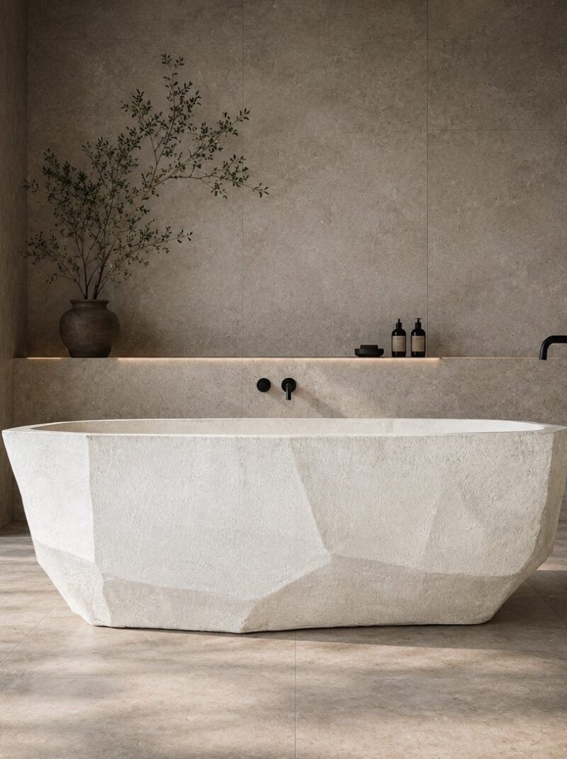 Baignoire Autoportante en Terrazzo Blanc Minéral